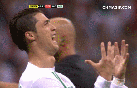 Cristiano Ronaldo throwing his hands up and yelling why