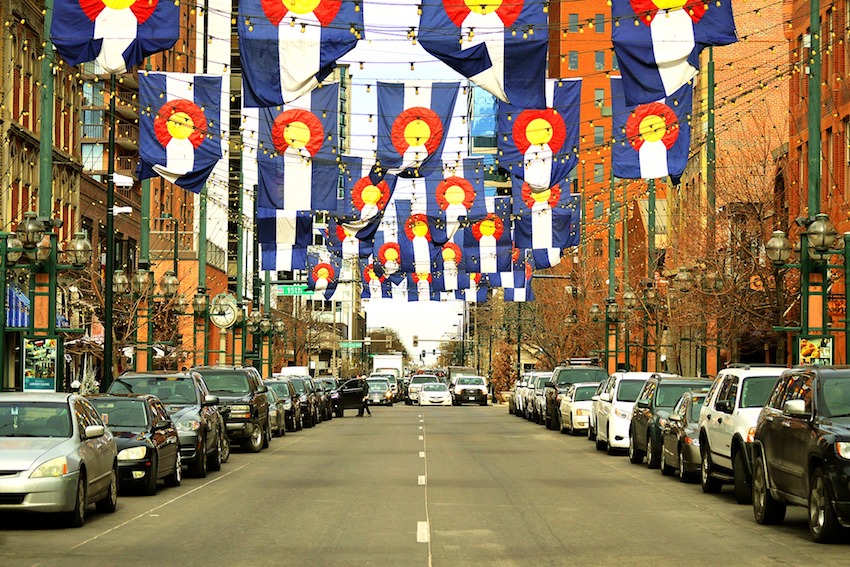 colorado flags hanging in larimer square of denver colorado