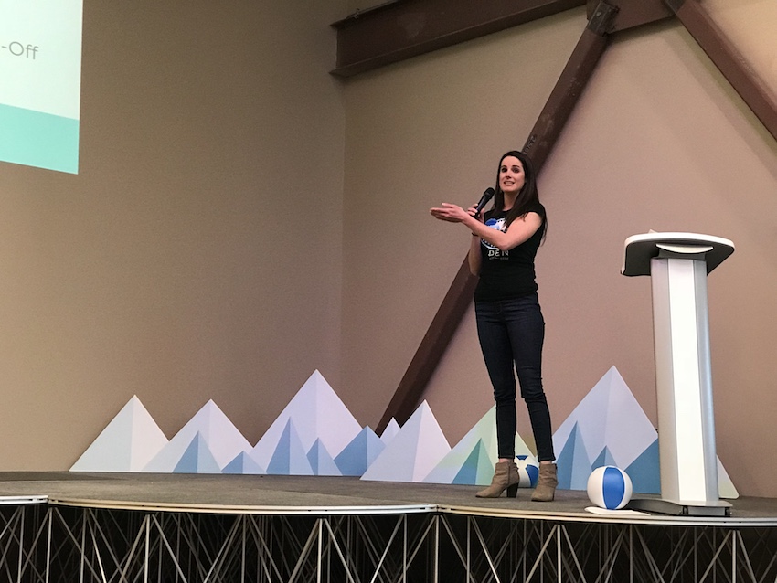 Denver Startup Week Maker Track Chair Lauren Kloock on stage at the DSW Community Kickoff Event