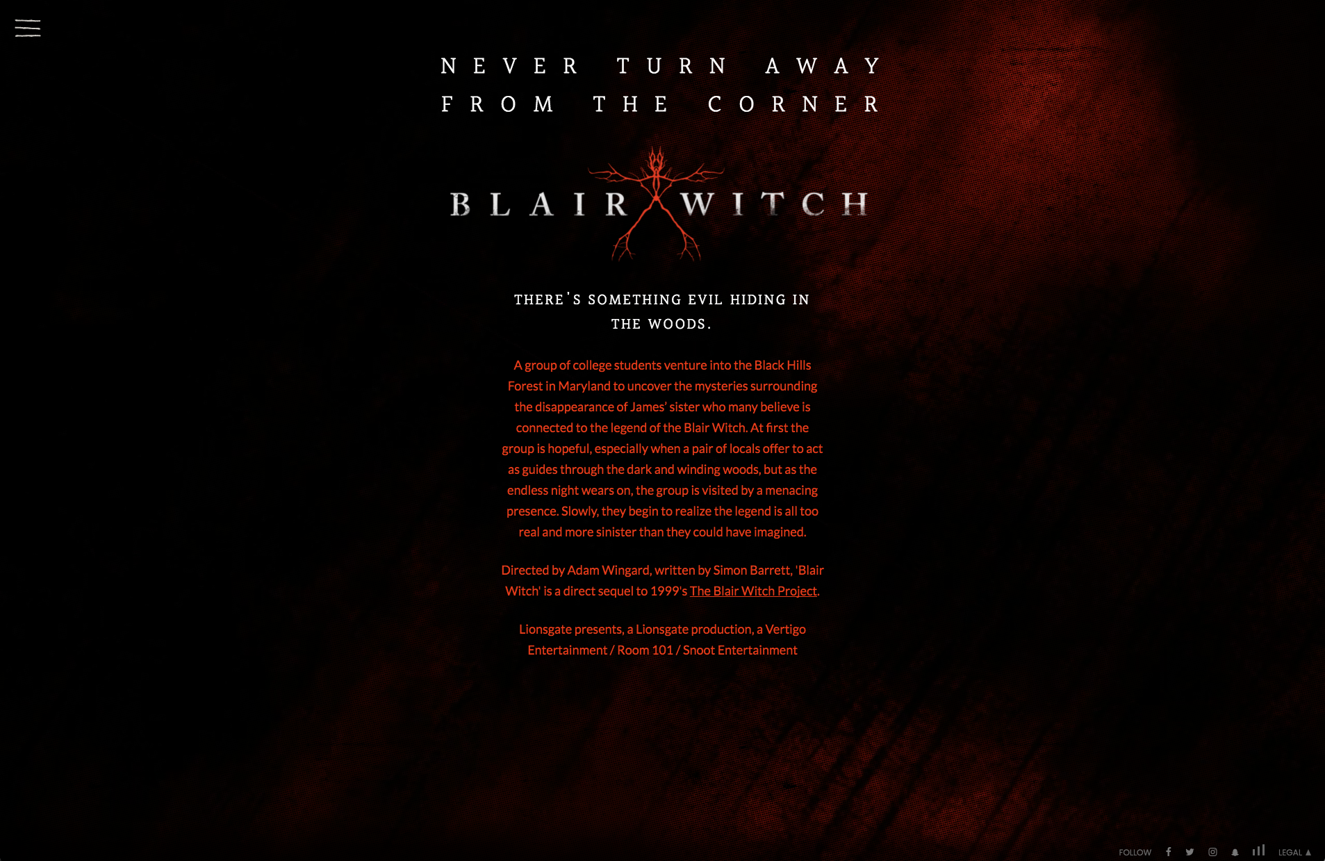 story of blair witch project landing page