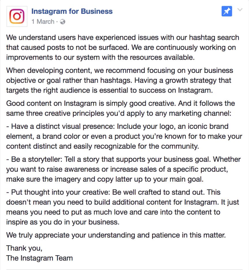 post from Instagram for Business page explaining hashtag issue