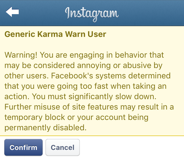 warning message pop-up in Instagram app