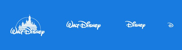 an exmaple of responsive logo design where walt disney can be diminished to just the d and maintain recognition