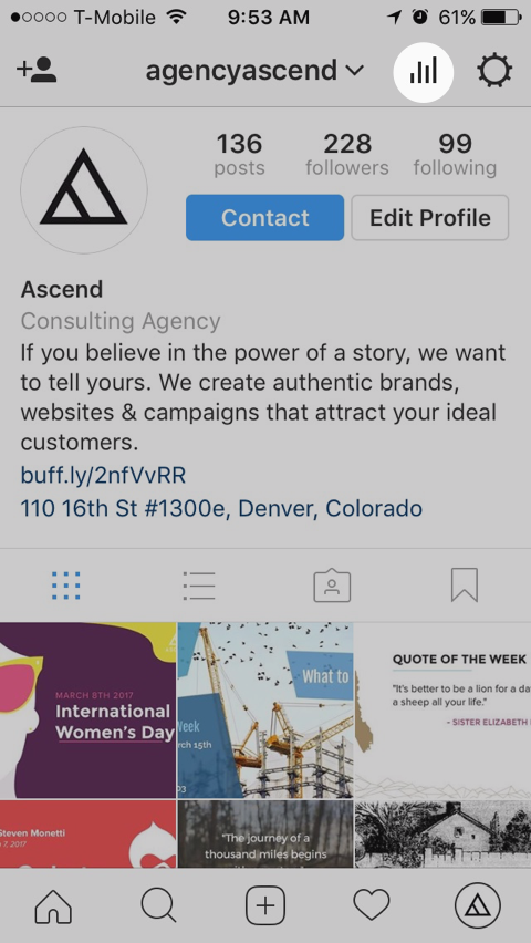 screenshot of instagram profile with a spotlight showing the bar graph icon for business account insights