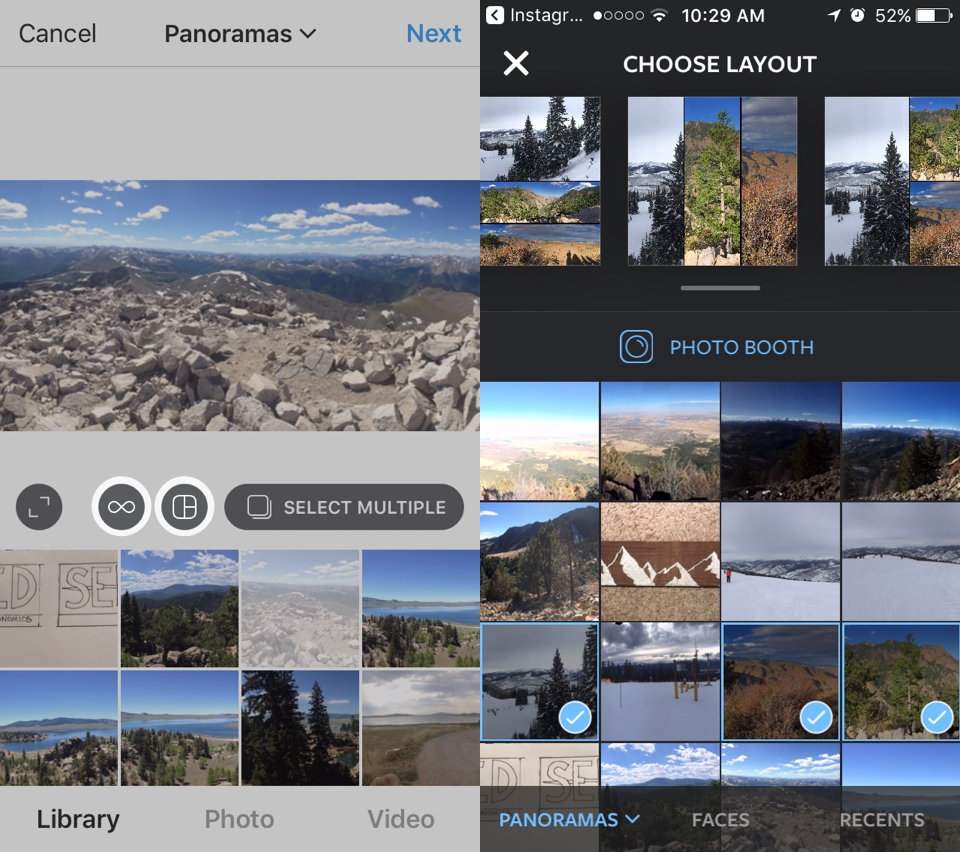two screenshots depicting where to find boomerang and layout features when taking a photo on instagram and a second screenshot showing the details of the layout app
