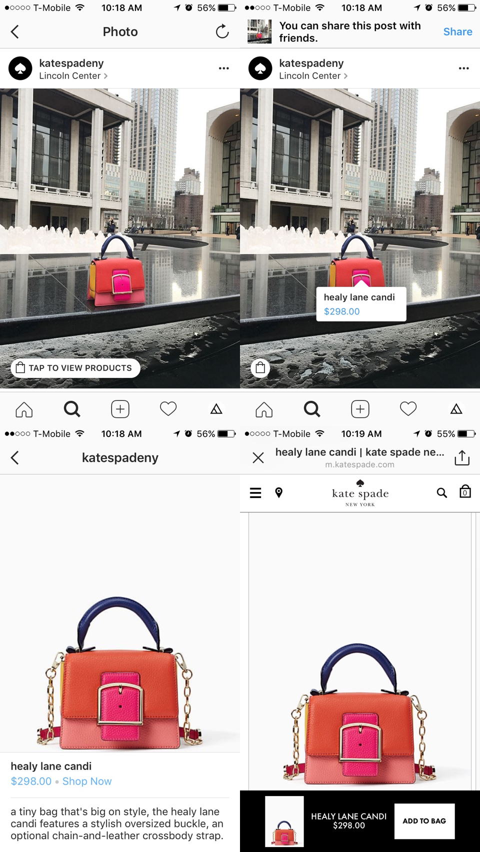 screenshot of the progression of actions a user can take after clicking on the shoppable items in a post