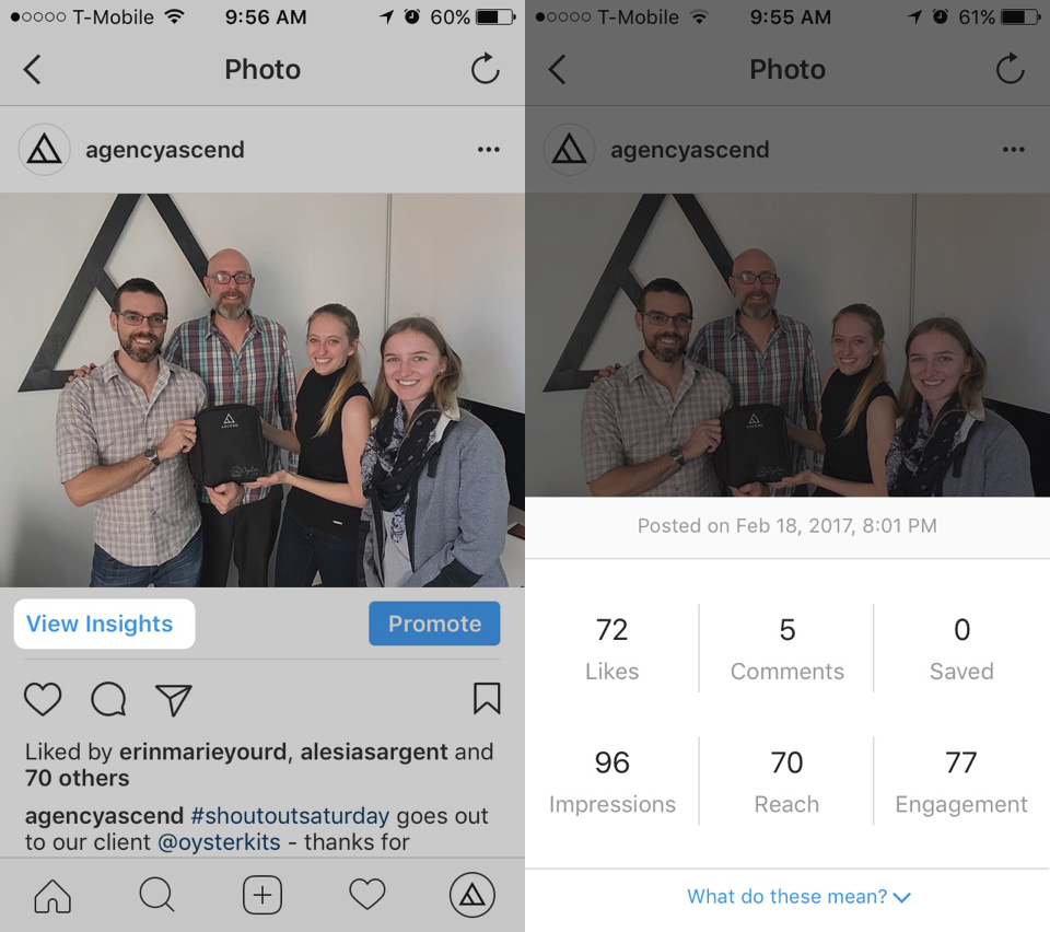 screenshot with two images of clicking on an instagram post and then clicking view insights to get more data about engagement