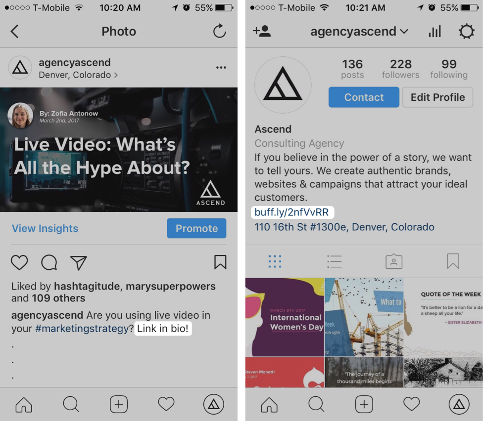 screenshot of two screens showing how to mention in a post that the link is in your bio section of instagram profile