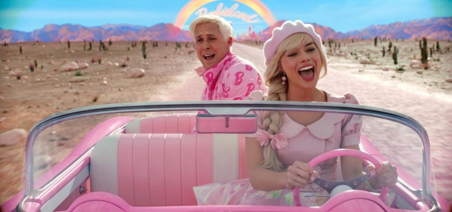 Ryan Gosling as Ken and Margot Robbie as Barbie in the pink car in the Barbie movie.